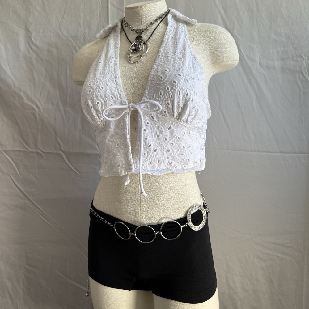 Y2K Womens Halter Crop Top Sz M Tie‎ Front Grunge Witchy Whimsigoth festival